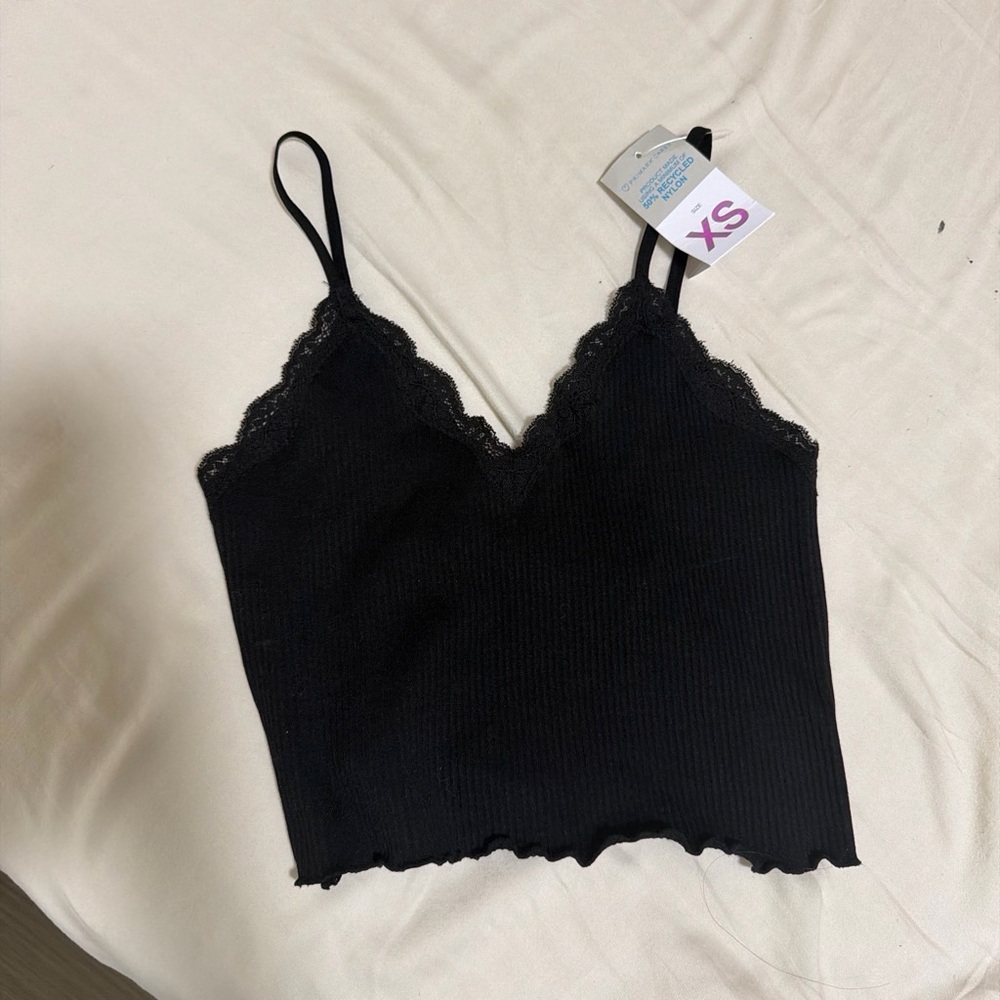 Primark Black Lace-Trim Ribbed Tank Top